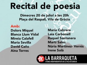 DIMECRES 20 JULIOL (20:00h)- Recital poesi a la Plaça del Raspall