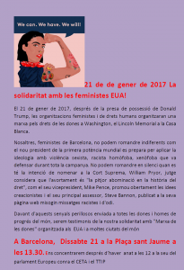 21/01:: Marxa pels drets de les dones- Solidaritat amb les feministes EUA- 13.30h Pl. Sant Jaume